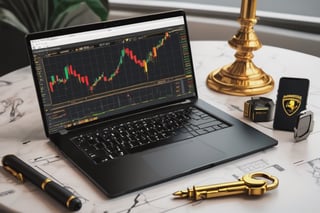 laptop with candlestick pattern trading , realistic laptop, realistic trading candles, aesthetic, and realistic money on table, and i pad and Lamborghini car key, everything will be realistic graphics
