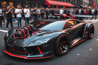 Lamborghini , concept car, fancy cyborg design, futuristic, cyborg style,cyberpunk style, surrounded by people , Drifting New York City, Black color, glossy, Light red color wheels,detailmaster2, high details, front perspective view,cyberpunk,pturbo