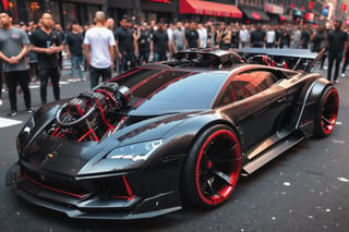 Lamborghini , concept car, fancy cyborg design, futuristic, cyborg style,cyberpunk style, surrounded by people , Drifting New York City, Black color, glossy, Light red color wheels,detailmaster2, high details, front perspective view,cyberpunk,pturbo
