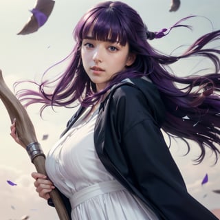 photograph, 8k, Ultra realistic, (holding:1.5), (long staff:1.6),
(dark_purple hair:1.3), (large breasts:1), long hair, purple eyes, very long hair, lips, makeup, (blunt bangs), straight hair, mature female, (skinny:1), 
blush, 
long dress, white dress, black robe, long skirt, long sleeves,
outdoor, (full body:1.4), flying, (body floating:1.5),
flower, petals,

extremely detailed, Bright_Front_face_Lighting,shiny skin, (masterpiece:1.0),(best_quality:1.0), ultra high res,4K,ultra-detailed, photography, 8K, HDR, highres, (absurdres:1.2), Kodak portra 400, film grain, lens flare, (vibrant_color:1.2),professional photograph, (beautiful_face:1.5),