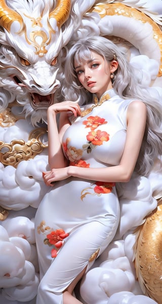 unparalleled masterpiece, perfect artwork, 8k, Ultra realistically, by Alphonse Mucha, art nouveau, 
(long cheongsam:1) , (pearl dress:1.4), (tight dress:1.2), gold leaf covered, dragonbaby, (chinese dragon:1.3), Gorgeous, (huge breasts :1.2), legs, laying on the dragon, 
extremely detailed, (bangs:1.4), look at viewer,
long hair,  (white hair:1.3), mature female,  (smile:0.8), white skin, skinny,  moles, earrings, China, flowers, floral patterns, color pattern, sunlight, cloud, luxury, twine, ocean, wedding,
