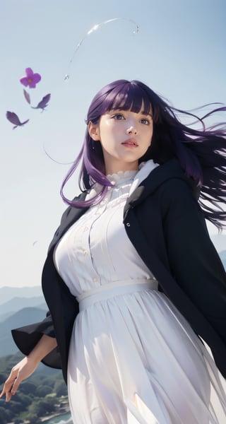 photograph, 8k, Ultra realistic,
(dark_purple hair:1.3), (large breasts:1), long hair, purple eyes, very long hair, lips, makeup, (blunt bangs), straight hair, mature female, (skinny:1), 
blush, 
long dress, white dress, black robe, long dress, long sleeves, black boots, (holding staff:1), 

(full body:1), flying, (body floating:1.5), (Tiptoe),
flower, petals, in air, magic, (floating:1), 
skyhigh, mountain, castle, 

extremely detailed, Bright_Front_face_Lighting,shiny skin, (masterpiece:1.0),(best_quality:1.0), ultra high res,4K,ultra-detailed, photography, 8K, HDR, highres, (absurdres:1.2), Kodak portra 400, film grain, lens flare, (vibrant_color:1.2),professional photograph, 