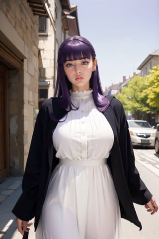 photograph, 8k, Ultra realistic,
(dark_purple hair:1.3), (large breasts:1), long hair, purple eyes, very long hair, lips, makeup, (blunt bangs), straight hair, mature female, (skinny:1.3), 
long dress, white dress, black robe, long dress, long sleeves, 
 (puffing up cheeks:0.5), 
outdoor, 
extremely detailed, Bright_Front_face_Lighting,shiny skin, (masterpiece:1.0),(best_quality:1.0), ultra high res,4K,ultra-detailed, photography, 8K, HDR, highres, (absurdres:1.2), Kodak portra 400, film grain, lens flare, (vibrant_color:1.2),professional photograph, 