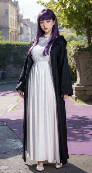 photograph, 8k, Ultra realistic, 
(dark_purple hair:1.3), (large breasts:1), long hair, purple eyes, very long hair, lips, makeup, (blunt bangs), straight hair, mature female, (skinny:1.3), 
blush, 
long dress, white dress, black robe, long sleeves,
outdoor, (full body:1.8), 

extremely detailed, Bright_Front_face_Lighting,shiny skin, (masterpiece:1.0),(best_quality:1.0), ultra high res,4K,ultra-detailed, photography, 8K, HDR, highres, (absurdres:1.2), Kodak portra 400, film grain, blurry background, (bokeh:1.2), lens flare, (vibrant_color:1.2),professional photograph, (beautiful_face:1.5),