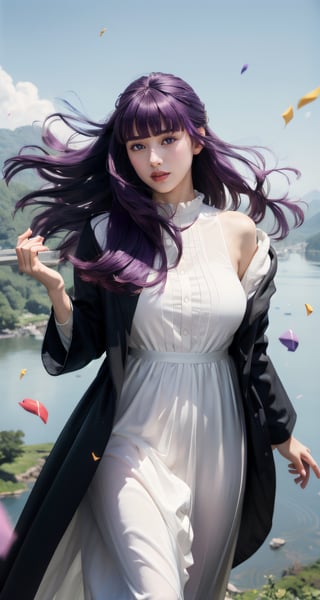 photograph, 8k, Ultra realistic,
(dark_purple hair:1.3), (large breasts:1), long hair, purple eyes, very long hair, lips, makeup, (blunt bangs), straight hair, mature female, (skinny:1), 
blush, 
long dress, white dress, black robe, long dress, long sleeves, black boots, (holding staff:1), 

(full body:1.3), flying, (body floating:1.5), (Tiptoe),
flower, petals, (in air), magic, (floating:1), 
skyhigh, mountain, castle, 

extremely detailed, Bright_Front_face_Lighting,shiny skin, (masterpiece:1.0),(best_quality:1.0), ultra high res,4K,ultra-detailed, photography, 8K, HDR, highres, (absurdres:1.2), Kodak portra 400, film grain, lens flare, (vibrant_color:1.2),professional photograph, 