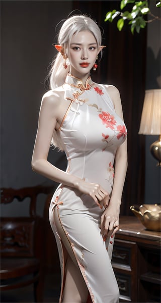 unparalleled masterpiece, perfect artwork, 8k, artstation, Ultra realistic, 
by Alphonse Mucha, art nouveau, 
(long cheongsam:1.2) , transparent  Gorgeous red-qipao, floral print, color pattern, 
(huge breasts1.5), (gigantic breasts), lace thigh stockings, nsfw, 
extremely detailed, (bangs:1.5), full-body, 
long hair, (white hair:1.3),(elf ears), mature female,  (smile:0.8), skinny, moles, (high-heeled:1.1), earrings, flower-patten, water, blurry background, 