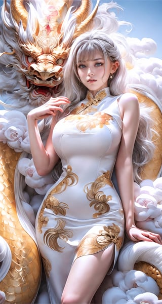 unparalleled masterpiece, perfect artwork, 8k, Ultra realistically, by Alphonse Mucha, art nouveau, 
(long cheongsam:1) , (pearl dress:1.3), (tight dress:1.2), gold leaf covered, dragonbaby, (chinese dragon:1.3), Gorgeous, (huge breasts :1.2), legs,
extremely detailed, (bangs:1.4), look at viewer,
long hair,  (white hair:1.3), mature female,  (smile:0.8), white skin, skinny,  moles, earrings, China, flowers, floral patterns, color pattern, sunlight, cloud, luxury, twine, ocean, wedding,