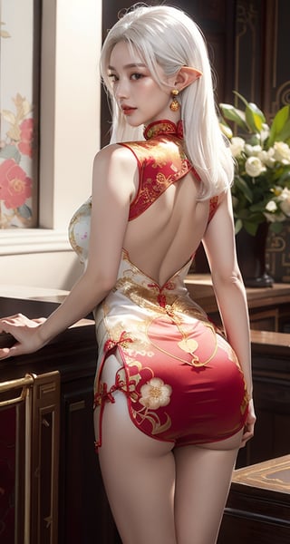 unparalleled masterpiece, perfect artwork, 8k, Ultra realistically, by Alphonse Mucha, art nouveau, 
(long cheongsam:1) , (red and gold cheongsam:1.5), 
(huge breasts:1), (gigantic breasts:0.5),
extremely detailed cheongsam, (bangs:1.4), ass, back,
long hair, (white hair:1.3),(elf ears), mature female,  (smile:0.8), white skin, skinny,  moles, (high-heeled:1.1), earrings, outdoor, China, flowers, floral patterns, color pattern, 