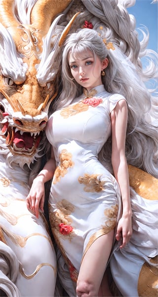 unparalleled masterpiece, perfect artwork, 8k, Ultra realistically, by Alphonse Mucha, art nouveau, 
(long cheongsam:1) , (pearl dress:1.3), (tight dress:1.2), gold leaf covered, dragonbaby, (chinese dragon:1.3), Gorgeous, (huge breasts :1.2), legs,
extremely detailed, (bangs:1.4), look at viewer,
long hair,  (white hair:1.3), mature female,  (smile:0.8), white skin, skinny,  moles, earrings, China, flowers, floral patterns, color pattern, sunlight, cloud, luxury, twine, ocean, wedding,