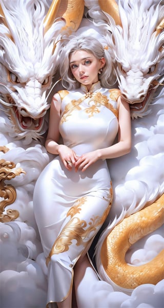 unparalleled masterpiece, perfect artwork, 8k, Ultra realistically, by Alphonse Mucha, art nouveau, 
(long cheongsam:1) , (pearl dress:1.4), (tight dress:1.2), gold leaf covered, dragonbaby, (chinese dragon:1.3), Gorgeous, (huge breasts :1.2), legs, laying on the dragon, 
extremely detailed, (bangs:1.4), look at viewer,
long hair,  (white hair:1.3), mature female,  (smile:0.8), white skin, skinny,  moles, earrings, China, flowers, floral patterns, color pattern, sunlight, cloud, luxury, twine, ocean, wedding,
