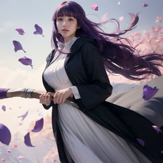 photograph, 8k, Ultra realistic,
(dark_purple hair:1.3), (large breasts:1), long hair, purple eyes, very long hair, lips, makeup, (blunt bangs), straight hair, mature female, (skinny:1), 
blush, 
(long dress), white dress, black robe, long sleeves, black boots, (holding staff:1.8), huge beam, 

(full body:1.5), flying, (body floating:1.5), (Tiptoe),
flower, (petals:1.8), (in air), (floating:1.5), 
skyhigh, mountain, castle, 

extremely detailed, Bright_Front_face_Lighting,shiny skin, (masterpiece:1.0),(best_quality:1.0), ultra high res,4K,ultra-detailed, photography, 8K, HDR, highres, (absurdres:1.2), Kodak portra 400, film grain, lens flare, (vibrant_color:1.2),professional photograph, 