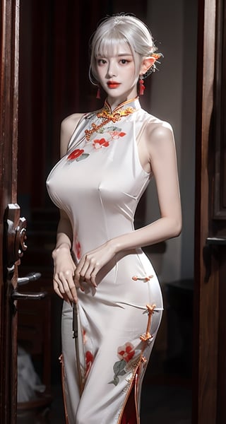 unparalleled masterpiece, perfect artwork, 8k, artstation, Ultra realistic, 
by Alphonse Mucha, art nouveau, 
(long cheongsam:1.2) , red-qipao, 
(huge breasts1.2), gigantic breasts,
extremely detailed, (bangs:1.5), 
long hair, (white hair:1.3),(elf ears), mature female,  (smile:0.8), skinny, moles, (high-heeled:1.1), earrings, flower-patten, dragon patten,