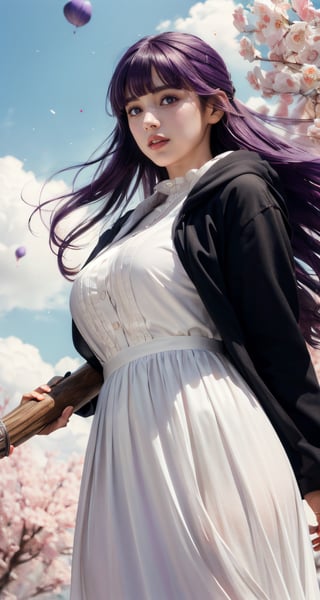 photograph, 8k, Ultra realistic, (holding:1.3), (long staff:1.6),
(dark_purple hair:1.3), (large breasts:1), long hair, purple eyes, very long hair, lips, makeup, (blunt bangs), straight hair, mature female, (skinny:1), 
blush, 
long dress, white dress, black robe, long skirt, long sleeves,
outdoor, (full body:1.6), flying, (body floating:1.5),
flower, petals, sky, cloud, skyline, fluttering,

extremely detailed, Bright_Front_face_Lighting,shiny skin, (masterpiece:1.0),(best_quality:1.0), ultra high res,4K,ultra-detailed, photography, 8K, HDR, highres, (absurdres:1.2), Kodak portra 400, film grain, lens flare, (vibrant_color:1.2),professional photograph, (beautiful_face:1.5),
