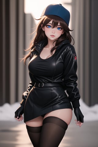 best quality, masterpiece:1.2, best quality,(kawaii:1.2), ultra-detailed, illustration, shy, (((night))), Highly detailed, High Quality, Masterpiece, beautiful, Girlfriend, 1girl,  1 red eye, 1 blue eye, (heterochromia), solo, black baseball cap, black winter jacket, black fingerless gloves, putting on gloves, black skirt, ((pantyhose)), standing, long hair, wide hips, thick thighs, large breasts, best shadows:1.2, god rays:1.1, ultra-realistic photography, extremely detailed natural texture, photorealistic, RAW photo, TanvirTamim, high quality, high res, sharp focus, extremely detailed, cinematic lighting, to the side, 8k uhd, high res, shy, nervous, (left red eye), (right blue eye), (heterochromia), dark brown hair, beautiful face, beautiful eyes, detailed eyes, realistic
