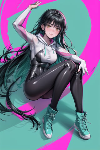 High quality, masterpiece, beautiful, highly detailed, young woman with long hair, black hair, orange eyes, ringed eyes, scar on face above nose, white spider suit, full body suit, black jumpsuit with white areas with a spider. design, a white hoodie with magenta inner lining with cyan spider web patterns, combining magenta and cyan designs on her arms and cyan on her boots, flirty smile, blush on her cheeks, Background: sitting on a building