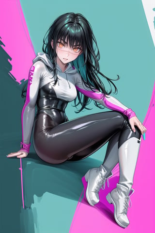 High quality, masterpiece, beautiful, highly detailed, young woman with long hair, black hair, orange eyes, ringed eyes, scar on face above nose, white spider suit, full body suit, black jumpsuit with white areas with a spider. design, a white hoodie with magenta inner lining with cyan spider web patterns, combining magenta and cyan designs on her arms and cyan on her boots, flirty smile, blush on her cheeks, Background: sitting on a building