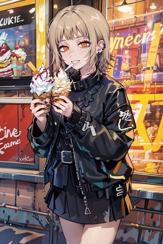 blonde girl, orange eyes, short hair, black clothes, pale skin, black jacket, bright look, bold smile, accessories in ear, holding an ice cream, vanilla ice cream in mouth. Background: a busy street, an ice cream parlor.