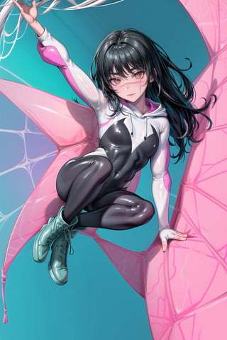 High quality, masterpiece, beautiful, highly detailed, young woman with long hair, black hair, orange eyes, ringed eyes, scar on face above nose, white spider suit, full body suit, black jumpsuit with white areas with a spider. design, a white hoodie with magenta inner lining with cyan spider web patterns, combining magenta and cyan designs on her arms and cyan on her boots, flirty smile, blush on her cheeks, Background: sitting on a building