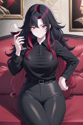 woman with long hair, messy hair, bicolor hair of 2 colors: Red and black one on each side of the hair, red hair on the left, black hair on the right, red eyes, big chest, wearing a black jacket, polo shirt white, black pants, holding a glass of wine. Background: A living room, sitting on a sofa