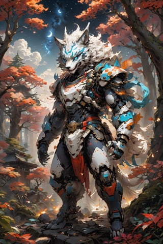 Anthropomorphic gray wolf, looked from above, showing his full body from above, the gray wolf has cyan eyes looking at the sky, the sky is full of stars and colorful clouds, the gray wolf is a Cyborg , wearing a white and cyan samurai clothing in battle pose , hide among a forest of pinked leaves trees, with fireflies and fog and only moonlight in the left side of his body, with wounds and scratches, jacked body, Slender, Skinny, full body shot, really wide Angle, octane render RTX, render, realistic render, cinematic lighting, muscular but slim body, with an Japanese red and white color temple at the background. 