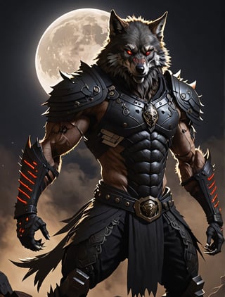 Anthropomorphic wolf, bearded, with a scar in his right eye , wearing a black samurai clothing in battle pose , hide in the dark, with fog and only moonlight in the left side of his body, with wounds and scratches, musculated, Slender, Skinny, full body shot, wide Angle, octane render RTX, render, realistic render, cinematic lighting, muscular body, 