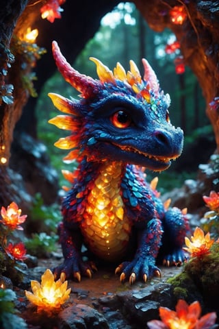 A giant colorful dragon, hiding in a cave, around the cave there is a Japanese forest. [mouth closed] [Breathing fire] [midnight] [electric storm] 