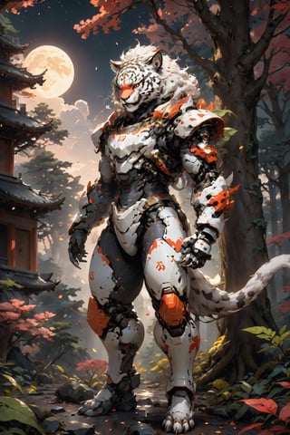 Anthropomorphic gray cheetah, looked from above, showing his full body from above, the gray cheetah has cyan eyes looking at the sky, the sky is full of stars and colorful clouds, the gray cheetah is a Cyborg , wearing a white and black samurai clothing in battle pose , hide among a forest of pinked leaves trees, with fireflies and fog and only moonlight in the left side of his body, with wounds and scratches, jacked body, Slender, Skinny, full body shot, really wide Angle, octane render RTX, render, realistic render, cinematic lighting, muscular but slim body, with an Japanese red and white color temple at the background. 