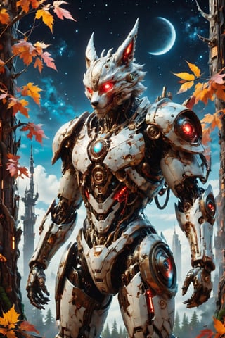 Anthropomorphic gray wolf, looked from behind, showing his back with a shield on it, the gray wolf has cyan eyes looking at the sky, the sky is full of stars and colorful clouds, the gray wolf is a Cyborg , wearing a white and cyan samurai clothing in battle pose , hide among a forest of pinked leaves trees, with fireflies and fog and only moonlight in the left side of his body, with wounds and scratches, jacked body, Slender, Skinny, full body shot, really wide Angle, octane render RTX, render, realistic render, cinematic lighting, slim body, with an Japanese red and white color temple at the background.