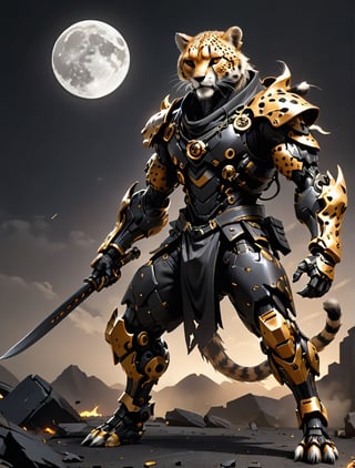 Anthropomorphic cheetah, bearded, with a scar in his right eye , wearing a black samurai clothing in battle pose , hide in the dark, with fog and only moonlight in the left side of his body, with wounds and scratches, musculated, Slender, Skinny, full body shot, wide Angle, octane render RTX, render, realistic render, cinematic lighting, muscular body, 