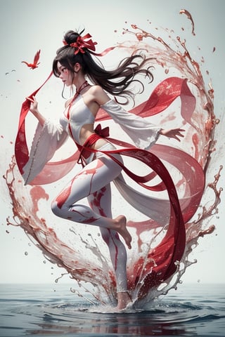 Double exposure, presented with real person and color splash painting, the picture is very shocking and tense. A young Chinese female fairy, wearing a red silk ribbon, white flowing cloak, leggings, barefoot, dancing posture, walking on water in mid-air , the body is covered with scars, blood stains are flying, and the red Higan flowers flying around are like water flowing around themselves, forming a whirlpool,Mecha body,perfect light,dragonbaby