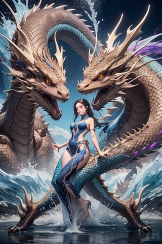 A full-body image of a 17-year-old female with a realistic face wearing Chinese clothing. She has a curvy figure and a beautiful water element. The water vapor rises around her and forms a dragon with colorful crystal water tones. The shape of the dragon is very chaotic and unstable. Additional details: solemn. , palace elements, medieval style, soft light, high details, 8k ultra-high