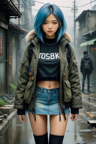 {{close-up portrait}}, Beautiful 18yr old mixed race Japanese Girl with blue hair, ((looks like a Japanese Zendaya)), {{{masterpiece}}}, {{{best quality}}}, {{{ultra-detailed}}}, {cinematic lighting}, {illustration}, 1girls, long camouflage winter parka with fur trimmed collar, {{chunky knit croptop sweater}}, {{{exposed tummy}}}, showing lots of thigh, bare legs, Wearing a dark grey camo low rise miniskirt, low waist miniskirt, ultra short miniskirt, combat boots, black and green multi-color hair, grey eyes, toned abs, cute bellybutton, bellybutton stud, Post apocalyptic tokyo. The once thriving city now lies in ruins, with crumbling buildings and abandoned vehicles scattered amidst the desolation. Nature has started to reclaim the territory, with ((plants growing through cracks in the concrete)). Kabukichō, The atmosphere is eerie, with a sense of loneliness and despair hanging in the air. The scene is bathed in a dark and moody light, emphasizing the post-apocalyptic setting. The colors are muted, with a desaturated and faded palette, Enhance, DonMG414XL, TechStreetwear, in the style of esao andrews, DonMG414XL, goth person
