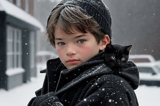 1 A 10-year-old boy poses while hugging a grey cute kitten against the backdrop of London covered in white snow.
 (((Perfectly black fuma: 2.0))), 

best quality, masterpiece, photorealistic,  highres, close-up photography, Ultra-detailed, ultra-realistic, ultra-clear, very Distant view.