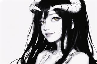 1 girl, realistic, albedo, smiling , devil_horns, slit pupils, demon eyes, yellow eyes, white dress