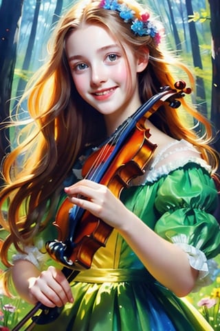 Girl playing a violin in an enchanting forest, oil and acrylic painting on canvas, textured flower dress, beautiful face, little smile, dazzling expression, vibrant colors, five fingers, ultra high-quality, ultra high resolution, trending on ArtStation, oil paint,more detail XL