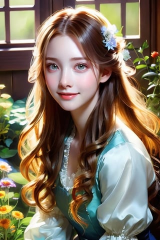Beautiful soft light, (beautiful and delicate eyes), very detailed, pale skin, (long hair), dreamy, ((front shot)), soft expression, bright smile, 8k art photo, photorealistic concept art, fantasy, jewelry, shy , dreamy soft image, masterpiece, ultra-high resolution, colors, (wind blowing softly), (head slightly raised and looking lost in happy thoughts), (girl sitting on the window sill of a two-story house), (looking at the flower garden outside the window) , holding a coffee cup,more detail XL,glitter