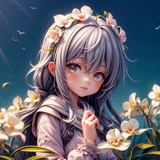 1 beautiful girl looking at the beauty of the sky The theme is a dream and a flower garden of many species of orchids, beautiful colours, fresh emotions in nature, spring, precious cuteness like a dream, richly and delicately drawn, her name is Ariya K. The best quality