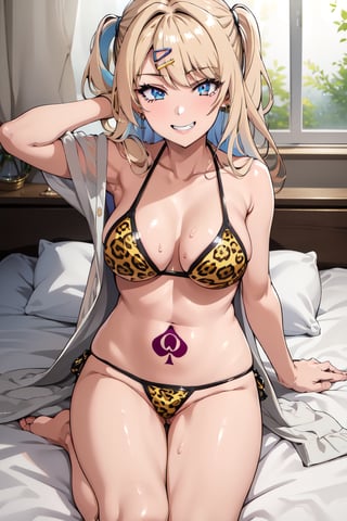 (masterpiece, best quality, highres:1.3), ultra resolution image, (anatomy fingers, five fingers), anatomy body, ShirakawaRuna, 1girl, blonde hair, multicolored hair, bangs, one side up, long hair, blue eyes, hairclip, jewelry, earrings, large breasts, gyaru, cleavage, collarbone, eye shadow, looking at viewer, sweat, smiley face, grin, takeda hiromitsu style, (leopard_print_bikini), lying, lying in bed, (black tattoo, bbctattoo).