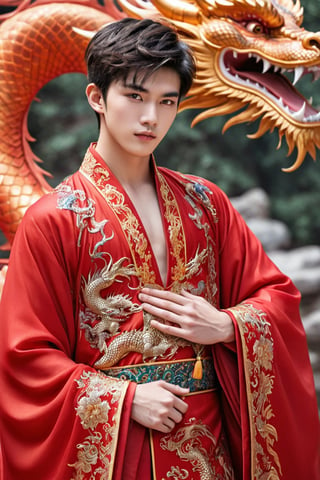 full body shot. Chinese style, An ultra real full body photo of an 18-year-old young male student, (show hands together to respect), with a big dragon. Short dark hair. Wearing an elaborate and red highly detailed dress with a wide neckline, ultra close macro details, ultra contrast, ultra decoration. Intricate details of his beautiful eyes and his perfect face.