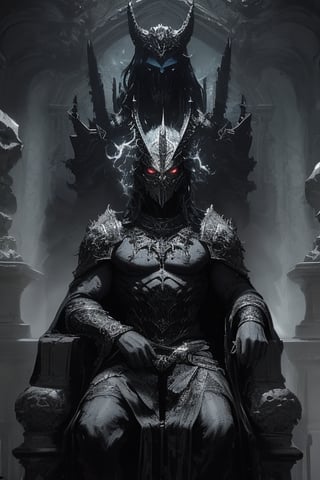 A majestic scene unfolds: a tall angry man  with sharp eyes burn with wrathful intensity, as he wears a Necropotence mask that exudes villainous aura. Behind him, an isometric marble statue stands sentinel, while intricate patterns adorn his shining armor.

The cinematic lighting casts deep shadows, accentuating the golden ratio of his imposing form. In the background, a detailed cityscape stretches into the distance, with eerie darkness lurking beneath the surface. His flowing black hair and red eyes seem to pierce through the gloom, as he exudes strength, nobility, and an aura of legendary status.

The overall mood is dark, foreboding, and captivating, like a nightmare come to life. The phantasmagoric atmosphere is so immersive that it seems to seep into reality, as if this dark hero might step out of the frame at any moment to vanquish all who dare oppose him.,Dark fantasy v2,nodf_lora