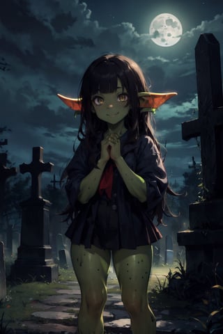 masterpiece, best quality, highres, detailed background. UPSCALED. (masterpiece), outdoors, graveyard, (Hands:1.1), 1girl, solo, standing, female goblin, (colored skin, green_skin), (dark hair, black_hair, hime cut, long_hair), golden_eyes, 1girl, solo_female, best quality, freckles, smile, goblin girl, gobgirlz, at night, in the graveyard, soft moonlight, green skin, backlightning, gobgirlz