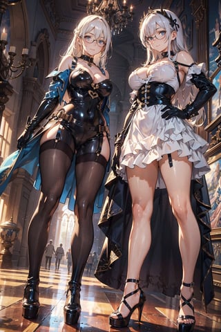 Imagine this. Upscaled. (Masterpiece, best quality, high resolution, highly detailed), Indoors detailed background, perfect lighting. 2girls, (Hands:1.1), better_hands, best quality, high resolution. Upscaled  synthography. Far view shot, 
Sexy mistress watching to the camera.
FETISH: white hair, black hair, smile, smirk, looking at the viewer, nerd glasses, sexy pose, lascivious, flirty face, blushing, lust, choker, cross necklace, shiny clothes, long enamel gloves, long leather gloves, heavy duty rubber gloves, leather corset, leather body harness, latex bodysuit, lingerie garter belt, thigh high boots, platform heels, breastfeeding chest, gigantic breasts, huge breasts
Free space above head, whole head, top of head. Perfect anatomy, detailed eyes, perfect eyes, nice eyes, nice hair, eyeliner and makeup, beautiful face, nice hands, breathtaking beauty, pure perfection, divine presence, unforgettable, perfect breasts, beautiful breasts.
Detailed dungeon environment, rocks and stones, ornate walls.  (Beautiful and aesthetic:1.3), extreme detailed, colorful, highest detailed,((ultra-detailed)), (highly detailed illustration), ((an extremely delicate and beautiful)),cinematic light, shining on ground, By Paracosmos
