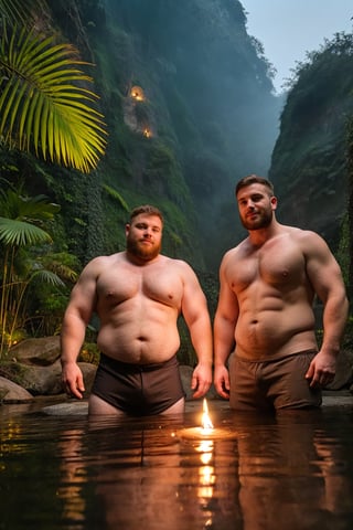  two man chubby man(chubby muscle man) (chubby man)(masterpiece)in the jungle fantasy,at the viewer, standing, outdoors, river, shining,lambent,candle, 