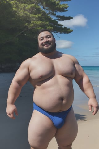  a chubby Chinese man(chubby muscle man) (chubby mature man)(heavy man)(bold man chubby)in the fantasy,at the viewer, outdoors, beach, ocean,sea ⛵🌊🏝️🏝️🌅🌈🙋🍀☘️🪴🍁🍂