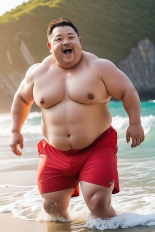 ,a chubby bold man , chubby muscle man, chubby mature man,in the beach sea and ocean 🌊 waking 