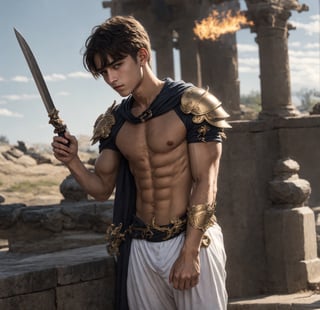 a full body shot of a 17-year-old cute Italian boy standing, wear bear chest armor, fire sword in his hand, realistic, masterpiece, amazing photography, 8k, HDR, ultra-high resolution, realistic face, realistic body, slim body, realistic eyes, highly detailed eyes, perfect young face, wear majestic gold armor, ultra-high resolution,8k,Hdr, soft light, perfect face, cinematic light, soft box light, pal colors, unsaturated colors,abandoned_style, photo of perfect eyes,he's looking side way, perfect leg, walking outside in the nature, perfect foot, can see the whole body,handsome cute italian boy, sharp focus, short hair, fade haircut, male_only, not looking at viewer, smooth, no chest hair, pose sword fight, alone, heavy armor, realistic skin,hdsrm, fighter, looking up to the sky, sword in hand,fight scene, sword slashing,renaissance