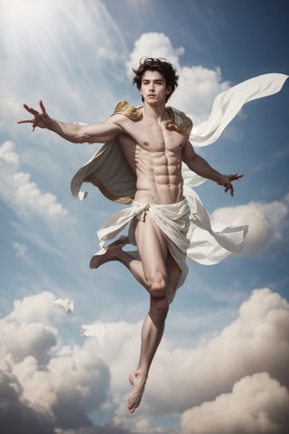 a ((full-body shot)) of a 17-year-old Cupid, Greek god, a European boy with, slim body, brown shade haircut, ((pale skin)), 

he's wearing (a white drapes ancient Greek god costume ),

((floating in the air)), telekinesis

 no chest hair, alone, 




realistic, masterpiece, with amazing photography, 8k, HDR, ultra-high resolution, realistic face, realistic body, realistic eyes, highly detailed eyes, perfect young face, ultra-high resolution,8k,Hdr, soft light, perfect face, cinematic light, soft box light, pal colors, unsaturated colors, abandoned_style, photo of perfect eyes, perfect leg,  perfect foot, can see the whole body, sharp focus,  male_only,  smooth, realistic skin,hdsrm, renaissance,Detailedface,telekinesis