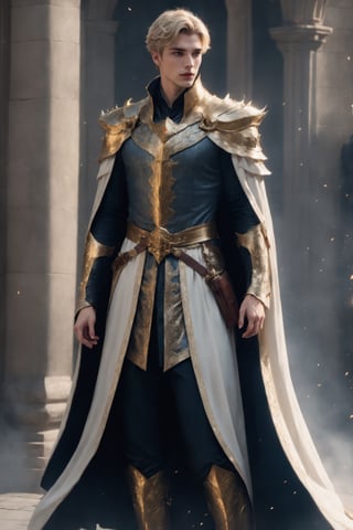 create a hyper-realistic image of a 20 years old tall and handsome European prince, standing, young handsome wizard,  8k, high detailed, sharp focus,more detail XL,Movie Still,(side body view:1.9), black boots,  (whole image within frame),  ((blond shade haircut)), cinematic moviemaker style,Stylish,abmhandsomeguy, ((full body shot:1.9)), wizard cloak,aesthetic portrait,LegendDarkFantasy, ((pale skin)), ((golden crown)),