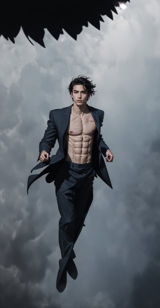 Professional hyper-realistic instagram photography of a handsome young man from the front. The man is Austrian, 25yo,  He has short hair, black hair, blue eyes, muscular. The photograph is full body. (Wearing a black suit). He is floating in the air, The man modeling his clothes. light blue background, 

((solo)), 

 beautiful lighting, realistic, real image, intricate details, everything in razor sharp focus, perfect focus, Photograph, masterwork, with amazing photography, 8k, HDR, ultra-high resolution, realistic face, realistic body, realistic eyes, highly detailed eyes, perfect young face, ultra-high resolution,8k,Hdr, soft light, perfect face, cinematic light, soft box light, pal colors, unsaturated colors, abandoned_style, photo of perfect eyes, perfect leg, can see the whole body, sharp focus, male_only, smooth, realistic skin,hdsrm,renaissance,Detailedface,xuer martial arts,Pectoral Focus,Germany Male
,telekinesis