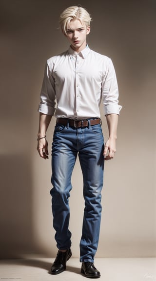 bottom, (torso body view), (full body shot)  of a 18 years old boy, tall (180cm),  ((white shirt:1.4)), ((blue jeans)), cute blond boy, short Side Fade hair, male_only, sharp skin, masterpiece, photorealistic, best quality, male, slim body, inspired by a male model, sol, Detailed side face, detailed side body, detailed side leg, 8k,  Photographic realistic masterpiece HDR high-quality image, perfect high detail image, 1boy, 
dynamic movement ((standing)),no belt, 
,flower4rmor,Wizard